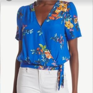 Code X Mode Floral Faux Wrap Top Womens XS Blue Multicolor Artsy Beach Vacation